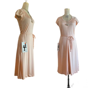 vintage 1970s deadstock blush polyester dress with pockets, Jody t slinky disco dress, small, tags attached, retro style, 26 27 