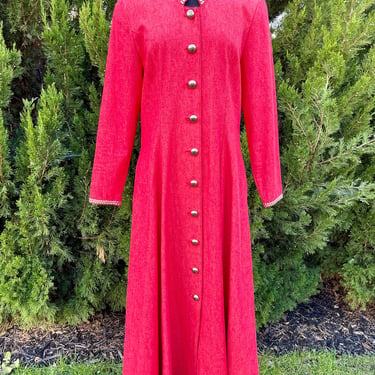 1980s Spencer Creations Red Denim Dress with Silver Buttons 