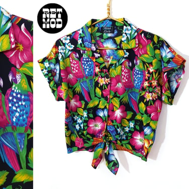 Sassy Vintage 80s 90s Tropical Floral & Birds Crop Tie Top 