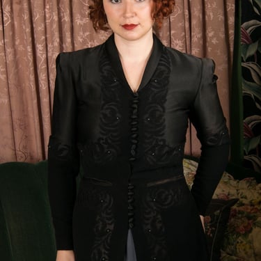 1930s Jacket - Wicked Vintage 30s Tailored Wool Jacket of Worsted Wool Cutwork and Charmeuse Satin 