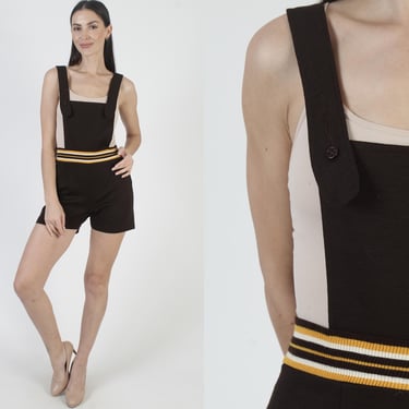 Low Cut Suspender Romper, Racer Back GoGo Playsuit, 70s Carpenter Mini Shorts 