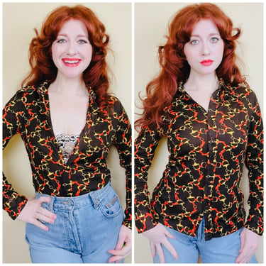 1970s Vintage Brown and Orange Stirrup Poly Knit Shirt / 70s Novelty Equestrian Disco Blouse / Size Small 