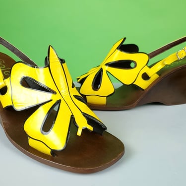 Iconic 60s butterfly wedges by Golo.  Yellow cut-out design slingback wedges. Vintage MOD! (8 NARROW) 
