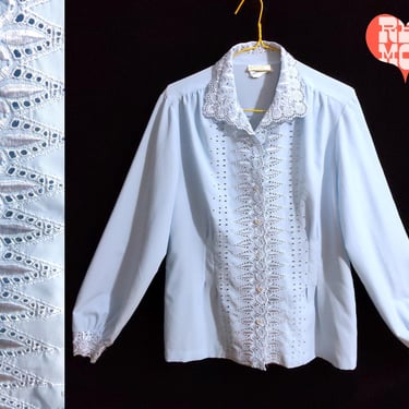 Sassy Vintage 60s 70s Light Blue Swiss Dot Long Sleeve Blouse with Detachable Neck Tie 