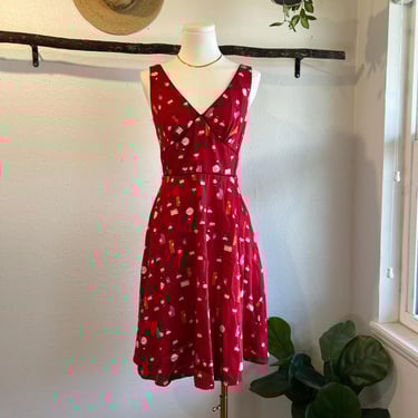 Vintage USA Made Red Perfume Bottle Print Retro Mod Dress A Line Dress Size XS 