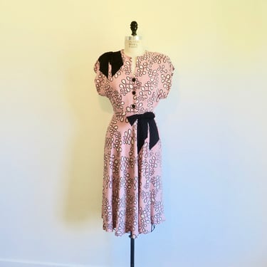 Vintage 1940's Pink and Black Novelty Print Day Dress Bow Trim Rockabilly Swing WW2 Era 27.5