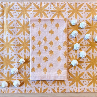 linen napkin set. gilded trees. hand printed block print / placemats. boho. christmas party. organic. holiday decor. metallic gold. 