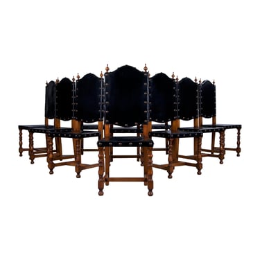 Spanish Baroque Style Black Leather Maple Dining Chairs - Set of 10 