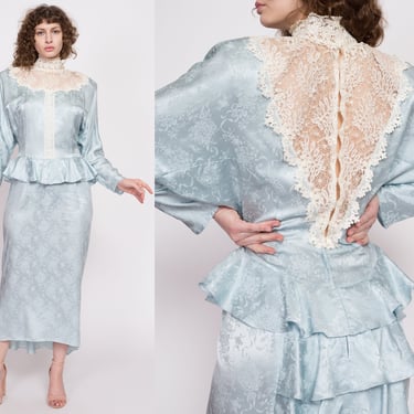80s Jessica McClintock Blue Silk Jacquard Mermaid Dress - Medium | Vintage Edwardian Lace High Neck Fitted Waist Trumpet Hem Maxi Dress 