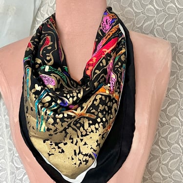 FABULOUS Large Silk Scarf, Abstract Pattern, Neon, Gold Metallic, Signed Casca, Vintage 80s 