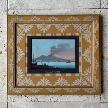 19th C. Neapolitan Gouache of the View of Vesuvius by Day I Circa 1850 in Yellow Gusto Painted Frame IV