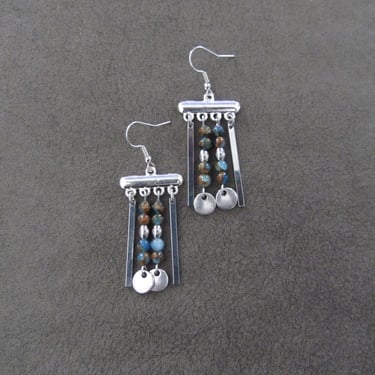 Jasper and silver ethnic chandelier earrings, blue 