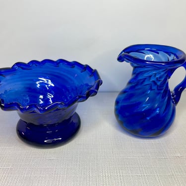 Vintage Blue Handblown Art Glass Pitcher + Small Decorative Bowl 
