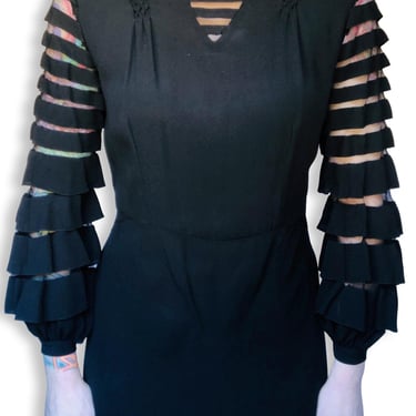 RARE Vintage 1930s Black Rayon Mesh Striped Layered Tiered Balloon Sleeve Dress - size Small Medium Large 
