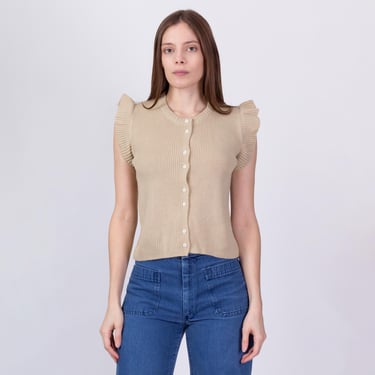 XS 70s Knit Flutter Sleeve Crop Top | Vintage Tan Cap Sleeve Girly Button Up Blouse 