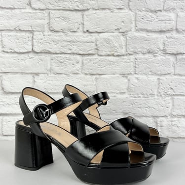 Prada Patent Saffiano Leather Criss Cross Platform Sandals, Size 37, Black
