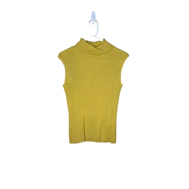 Vintage Chico's Mustard Yellow Silk Blend Ribbed Turtleneck Sleeveless Blouse, Size 1 