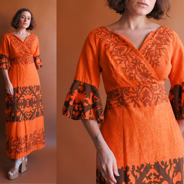 Vintage 70s Alfred Shaheen Barkcloth Tiki Dress/ 1970s Bell Sleeve Hawaiian Maxi Dress/ Size Medium 