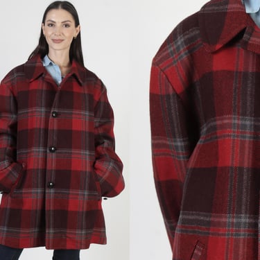 Pendleton Buffalo Plaid Cruiser Jacket, Holiday Tartan Mackinaw Coat, Button Up Chore Overcoat, Mens Wool Size L XL 