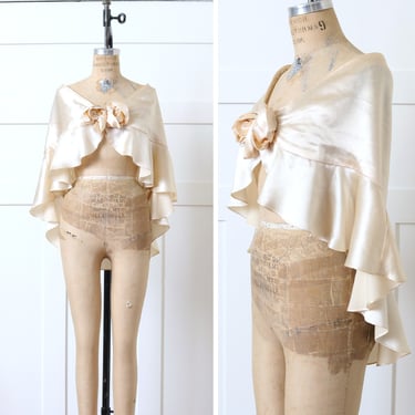 vintage 1930s silk wedding shawl • ivory satin & lace ruffle wrap • cape with ribbon flowers 