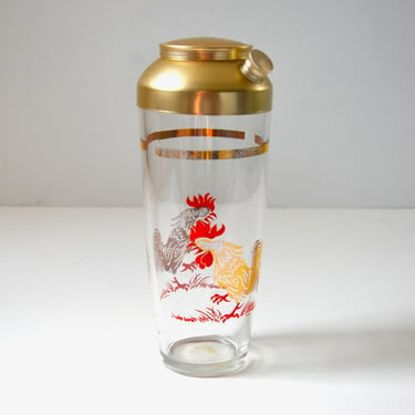 Vintage Glass Cocktail Shaker with Roosters and Gold Details, Retro Barware 