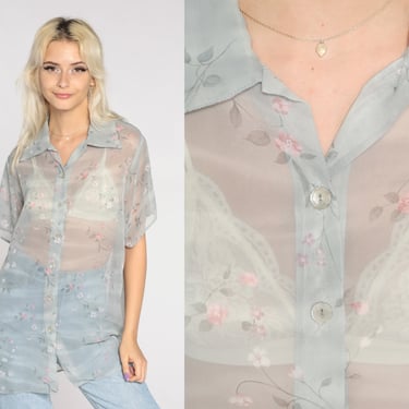 Sheer Floral Blouse Grey Top 90s Button Up Shirt Button Short Sleeve Top Chiffon Flower Print 1990s Vintage Longline Extra Large xl 1x 