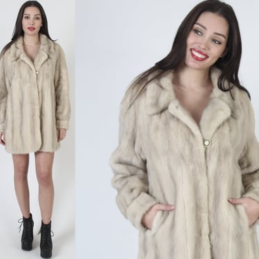 60s Natural Ivory Mink Coat / Soft And Plush Large Fur Under Collar Jacket, Vintage Tourmaline Winter Warm Overcoat 