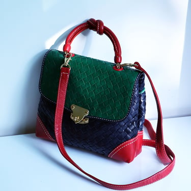 Bottega Veneta Rare Primary Color Intrecciato Leather Top Handle Loop Bag in Red Blue and Green 90s Woven Minimal Beige 90s Dead Stock Tote 
