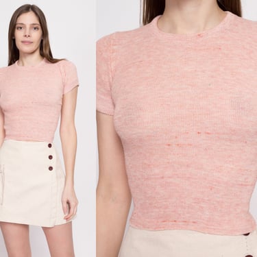 70s Peach Pink Marled Knit Crop Top - Extra Small | Vintage Cropped Fitted Scoop Neck Shirt 