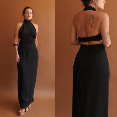 Vintage Black Backless High Neck Halter Dress/ Floor Length Column Dress/ Size Medium 