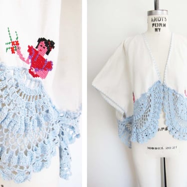 Vintage Tablecloth Shrug Jacket OS - 1950s Novelty Crochet Embroidered Dancing Girl White Blue - Open Front Swim Cover Up - Bohemian Style 