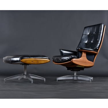 Heywood Wakefield 710D Black Swivel Rocker Lounge Chair and Ottoman 
