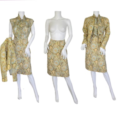 1960's Pastel Yellow Pink Linen 3 Pc Paisley Print Skirt Suit Set I Blazer I Sz Med I Mrs Maisel 
