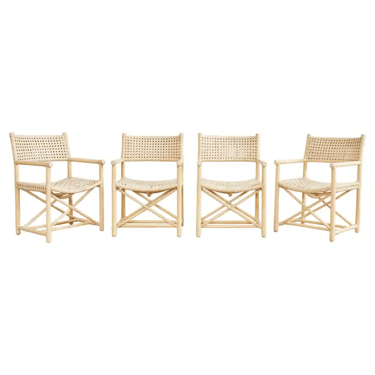 Set of Four McGuire Blonde Rattan Laced Rawhide Dining Armchairs