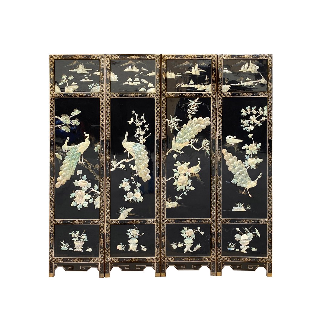 Jade Color Stone Peacocks Inlaid Black Lacquer Wood Floor Screen