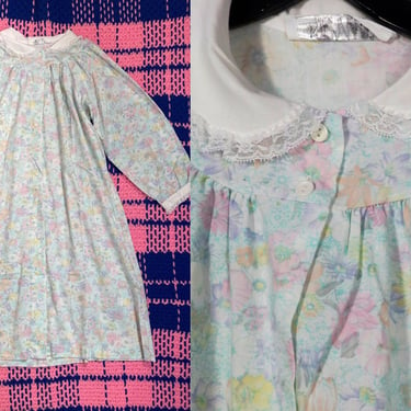 Vintage 80s Pastel Spring Floral Peter Pan Collar Button Front Nightgown Dress Made In USA Size S/M 