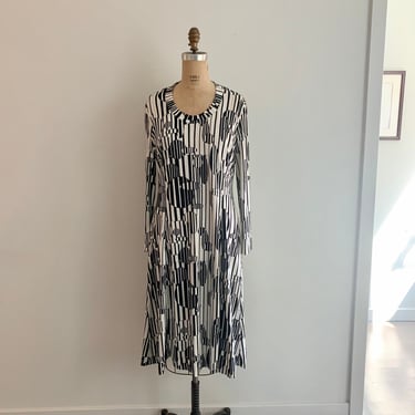 Maurice black/white op art signed print nylon knit dress-size L 