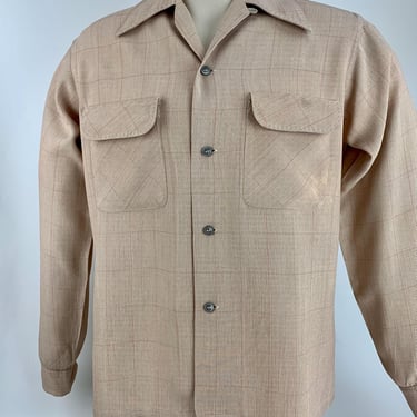 1940's Shirt - Long Dagger Collar - ARROW Label - Light Plaid Check Rayon Fabric -  Flap Patch Pockets - Loop Collar - Men's Size Medium 