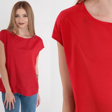 Plain Red Top 90s Blouse Cap Sleeve Shirt Basic Simple Solid Casual Retro Tee Minimalist Summer Semi-Sheer Retro TShirt Vintage 1990s Medium 