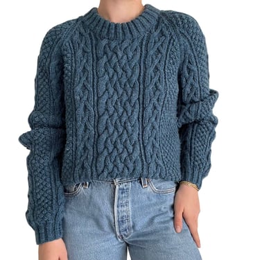 Vintage Lisa Stevens Blue Hand Knit Wool Fisherman Chunky Sweater Sz L 