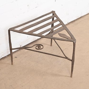 Giacometti Style Hammered Wrought Iron Triangular Plant Stand or Side Table