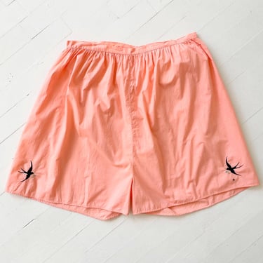 Vintage Embroidered Birds Peach Pink Cotton High Waist Shorts 