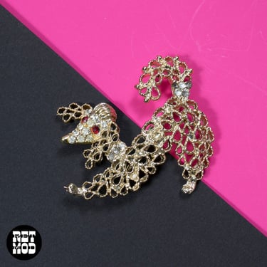 Kitschy Cute Vintage 60s Sassy Gold Poodle Brooch with Rhinestones 