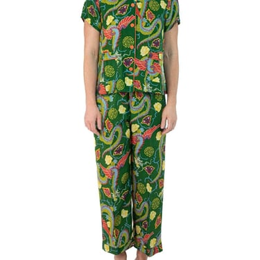 Morphew Collection Green, Yellow & Orange Dragon Novelty Print Cold Rayon Bias Pajamas Master Medium 