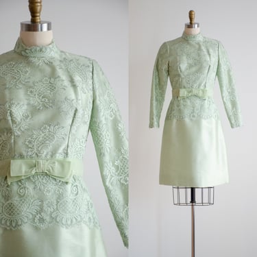 mint green dress 60s vintage pastel green silver lace long sleeve mini party dress 