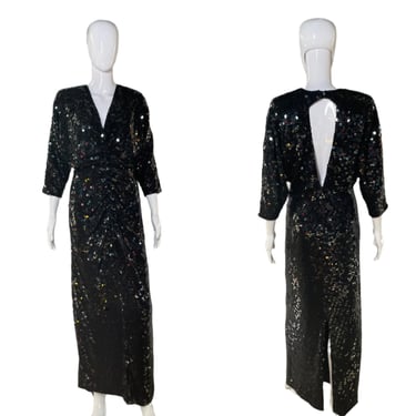 1980’s Glittering Oleg Cassini Black Sequin Gown Size M