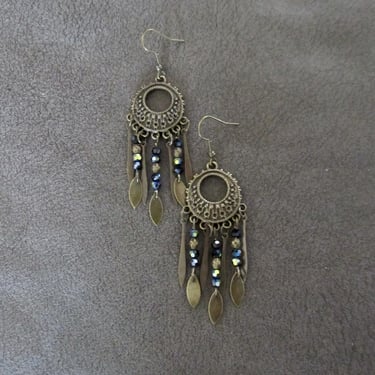 Crystal chandelier earrings, black and bronze earrings 