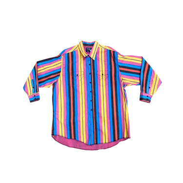Vtg 90s 1990s Wrangler Brushpopper Striped Pearl Cowboy Snap Button Down Shirt 