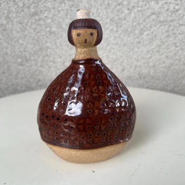 Vintage MCM Petite Bottle Weed Vase glossy Pottery Girl Theme . Size 5.5” 