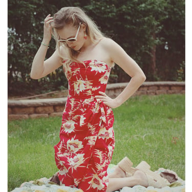 Vintage Strapless Hawaiian Dress - 1950s - Pinup Girl Sundress - Summer - Red, Floral 